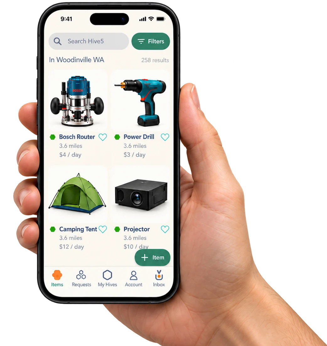 A hand holding a phone showing Hive5 listings in Woodinville, WA: a Bosch router, a power drill, a camping tent, and a projector