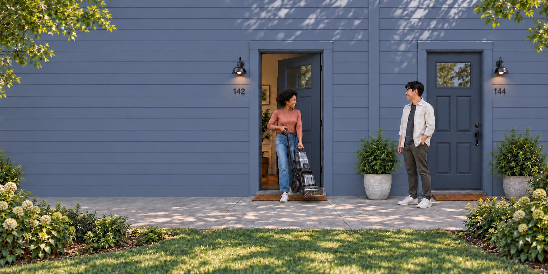 Two neighbors smiling at each other from their front doors, one wheeling out a carpet cleaner