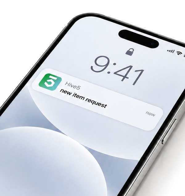 A phone lock screen showing a Hive5 notification: new item request