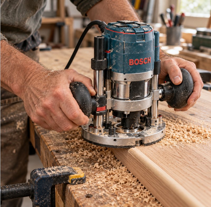 Hands guiding a Bosch router along a board on a workbench
